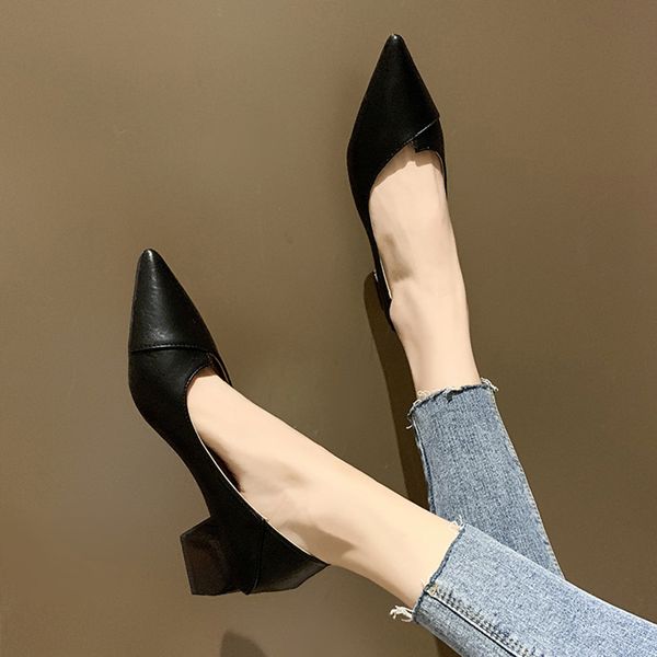 

women leather pumps med chunky square heel pointed toe slip on party office daily weekly shoes cozy all match, Black