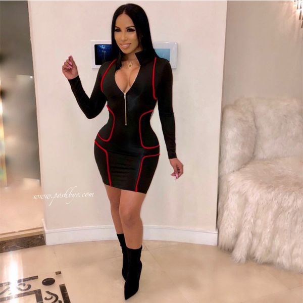 

amazon selling 2019 autumn new v-neck long-sleeved dress in europe and america stitching zipper bag hip skirt, White;black