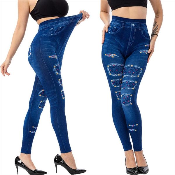 

leggingswomens casual imitation cowboy workout leggings bead high elasticity slim cropped pants ropa mujer 25, Black