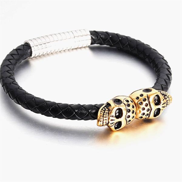 

hyperbole men jewelry black braided leather bracelets men stainless steel leahter bracelets cool skull bracelet