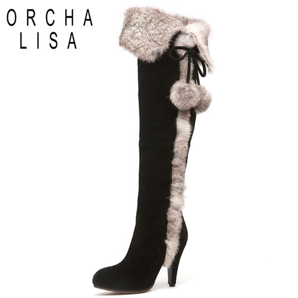 

orcha lisa boots female genuine leather knee-high boots fur winter russian long women shoes botas feminina, Black