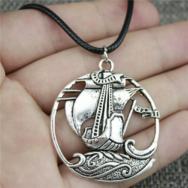 

2020 fashion 2 colors antique bronze silver color plated 43x39mm pirate sailboat pendant necklace leather chain necklace