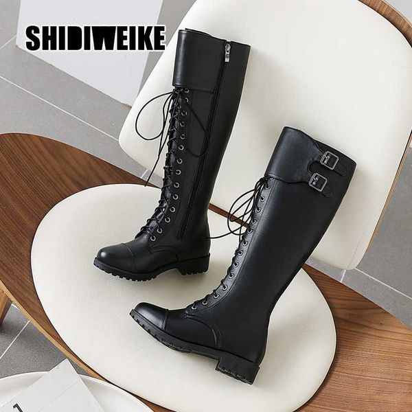 

leather knee high boots women autumn winter flat shoes ladies cross strap shoes woman lace up black round toe boots v596
