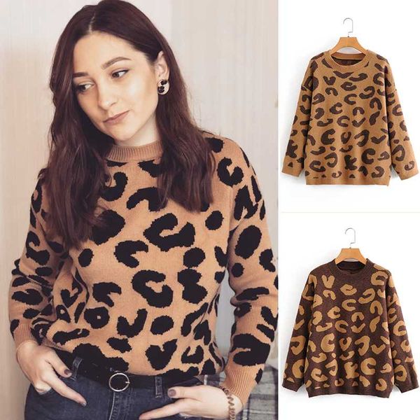 

2020 two-color autumn and winter women's animal leopard print loose knit pullover casual jacket wild warm sweater, White;black