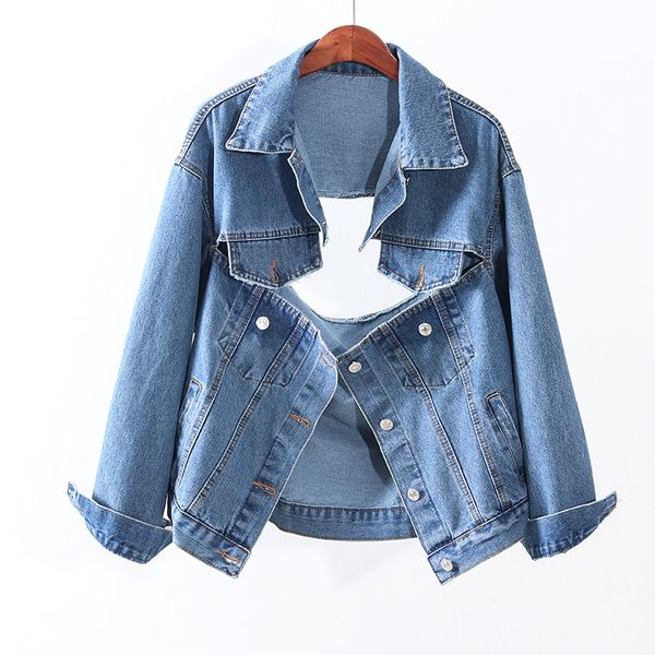 

women's jackets [ewq] autumn 2021 women coat v-neck loose single breasted fashion irregular hollow halter denim jacket ladies coats qb, Black;brown