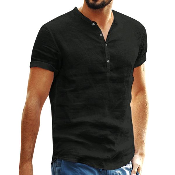 

men's casual shirts plus size men blouse summer linen short v neck sleeve solid color loose tee blusas mujer de moda 2021 shein, White;black