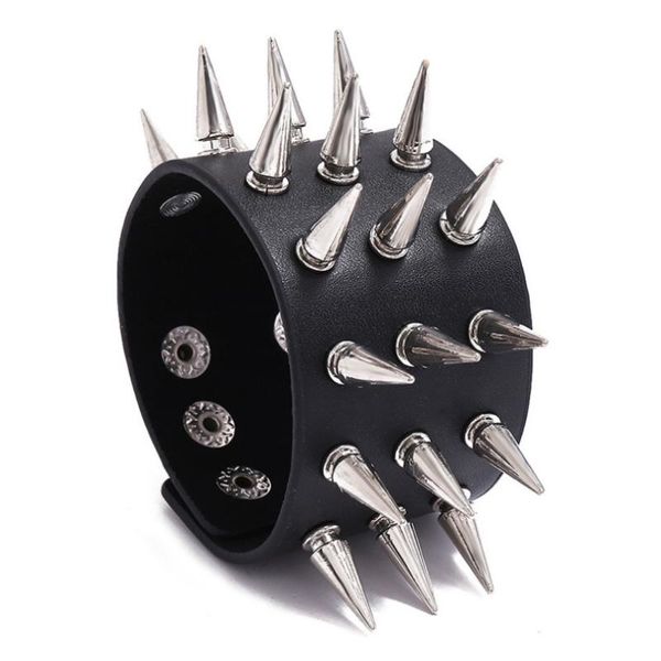 

gothic punk rock black cuspidal spikes rivet cone stud wide leather bangle wrap charm wristband biker women men bracelet jewelry, Golden;silver