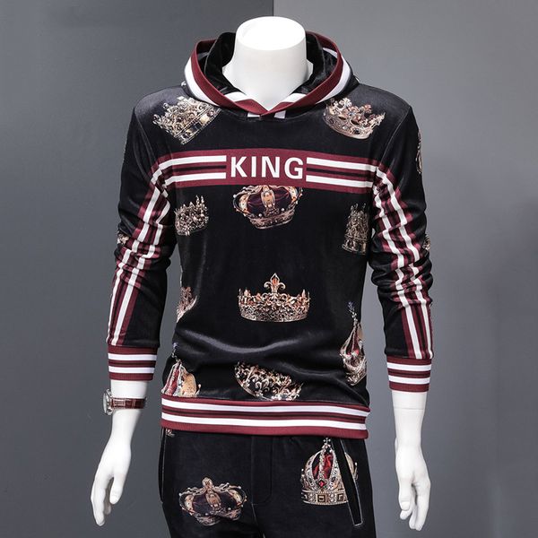

fashion king men hoodies personality crown embroidery sweatshirt hoody tracksuit hip hop autumn winter mens clothing size 4xl, Black