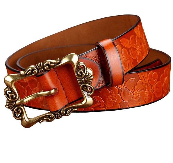

fashion wide genuine leather belts for women vintage floral pin buckle woman belt second layer cow skin jeans strap06, Black;brown