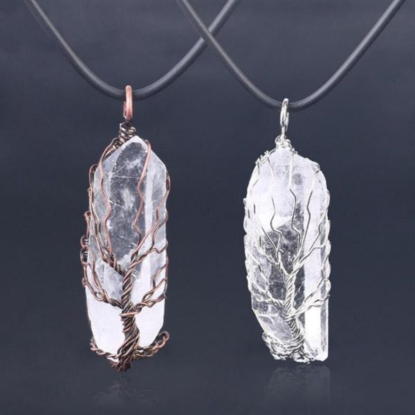 

pendant necklaces natural crystal pillar big pendants antique copper wire wrapped tree of life quartz for necklace pu chain, Silver