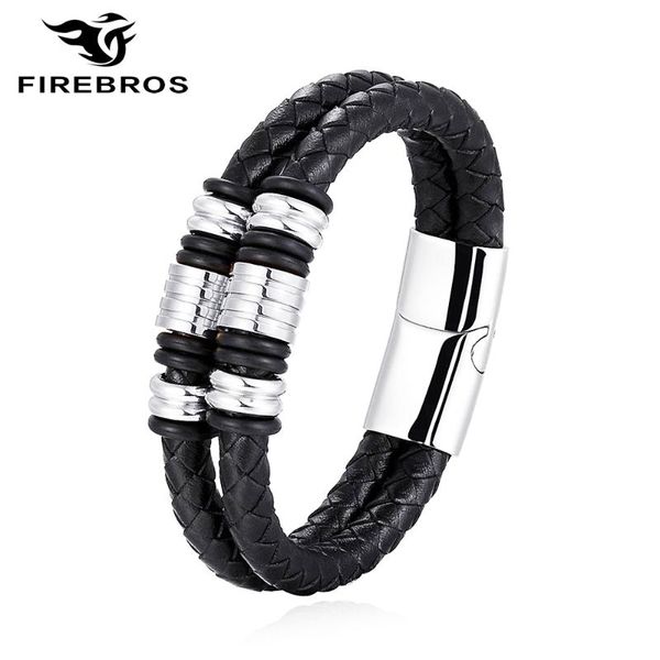 

firebros 2020 new magnetic clasp multilayers genuine leather bracelet bangle stainless steel charm metal bead men jewelry gift, Black