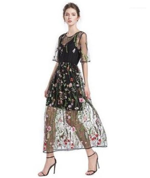 

half sleeve 2pcs dress female summer contrast color dresses womens designer floral lace embroidery dress fashion o neck, Black;gray