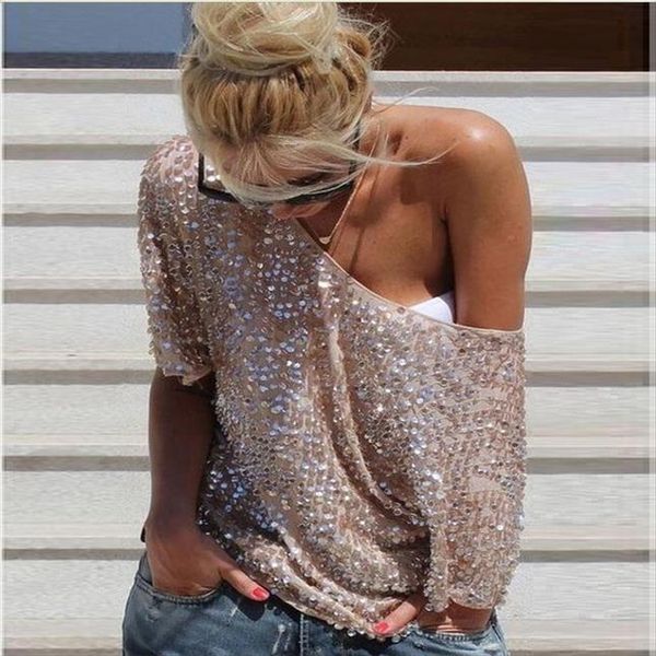 

new 2020 fashion women loose off shoulder sequin glitter blouses summer casual shirts vintage streetwear party, White