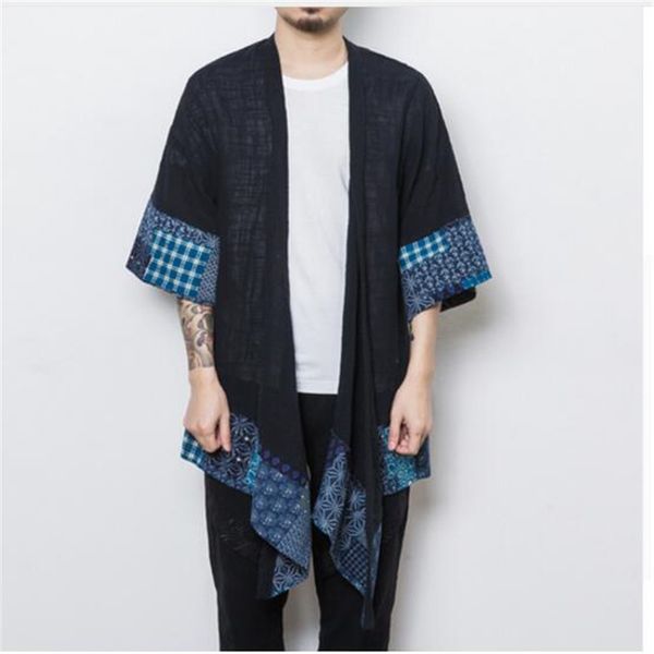 

male fashion casual long kimono jacket outerwear overcoat men chinese style half sleeve trench cardigan coat, Tan;black