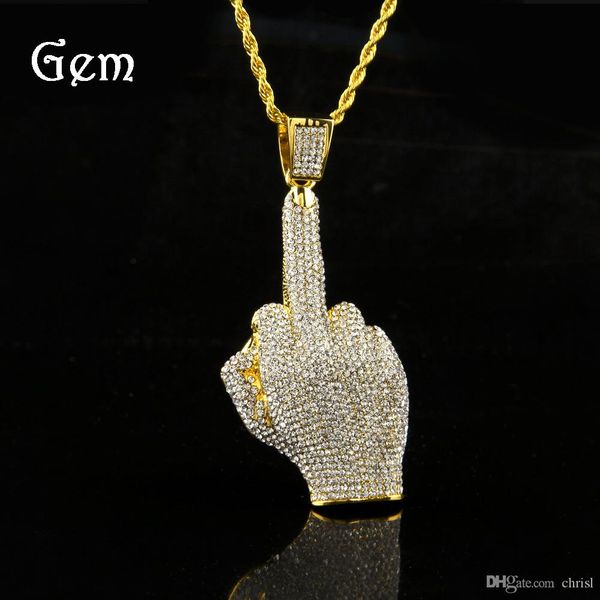

middle finger diamond necklace street wind heavy drill full diamond alloy big finger pendant vertical middle finger hip hop necklace, Silver