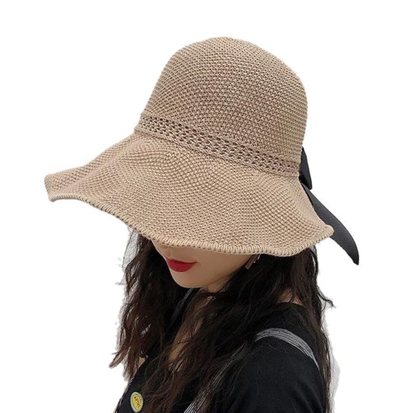 

2020 bow ribbon large brim straw caps women adjustable handmade weave sun hats casual beach outdoor summer caps girl harajuku, Blue;gray