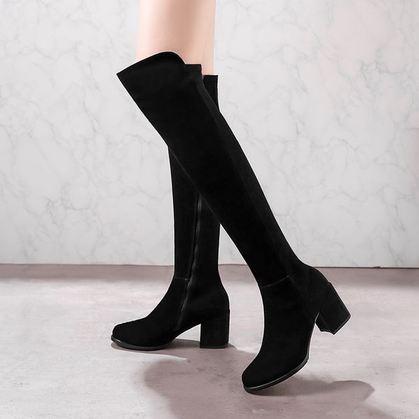 

suede leather rouned toe high heels boots classic women autumn winter warm knee high boots party basic shoes woman, Black