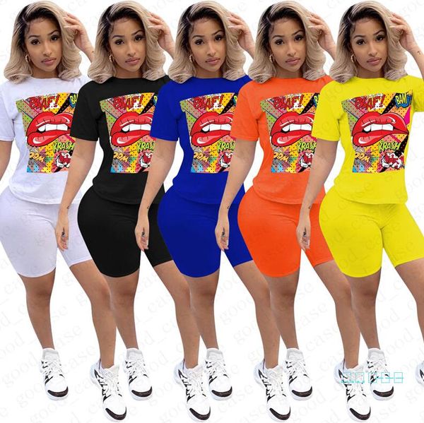 

2020 women shorts sets summer designer tracksuit cartoon lips letters print t shirt + biker shorts 2pcs suit short sportswear outfit d5705, White