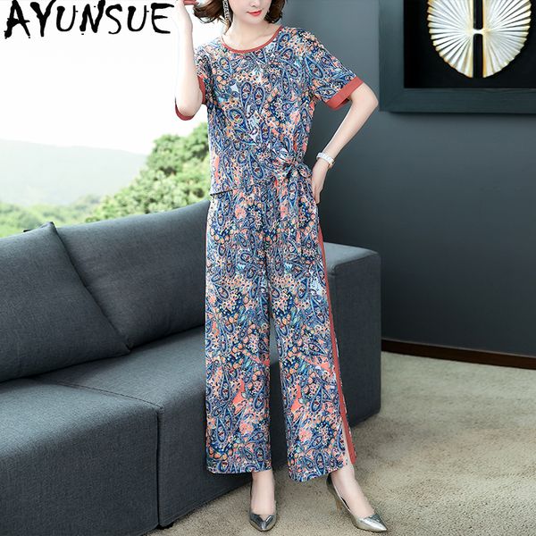 

ayunsue 2 piece set women summer silk t shirt women pants set floral matching sets clothes casual two piece outfits kj4629, Gray