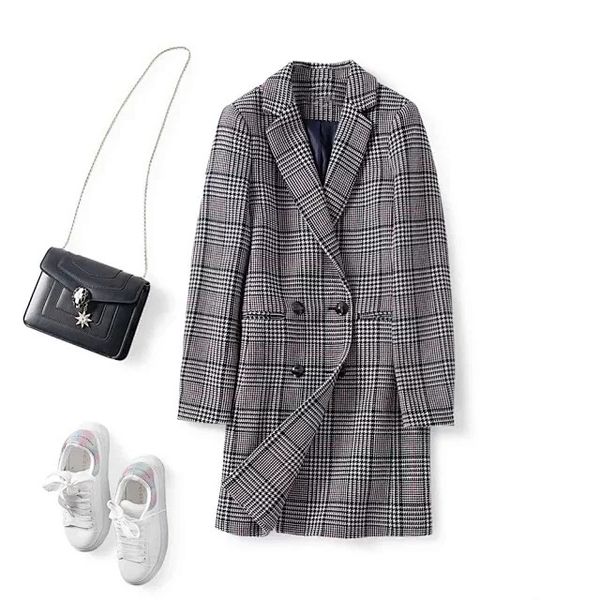 

double breasted women's plaid long coat female outwear 2020, Black