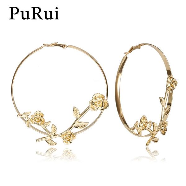 

hoop & huggie large circle round earrings punk flowers design dangle for women statement fashion hip-hop geometric jewelry, Golden;silver