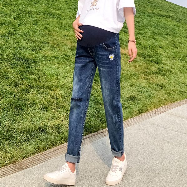 

2020 summer pregnant women denim pants long loose wide-legged belly jeans adjustable waist maternity flower trousers, White