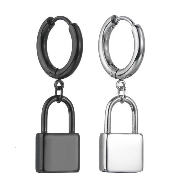 

new black 316l stainless steel lock pendant drop earrings for women men jewelry punk dangle earrings rock hiphop jewelry, Silver