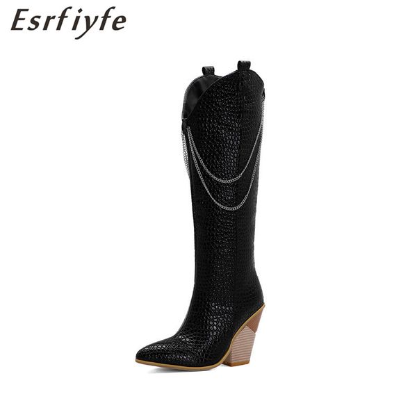 

esrfiyfe new winter women stone grain knee high boots lady riding botas spike high heels pointed toe shoes footwear long boots, Black
