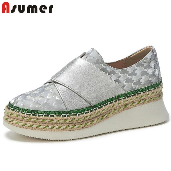 

asumer 2020 spring summer single shoes women genuine leather shoes round toe comfortable flat platform woman, Black