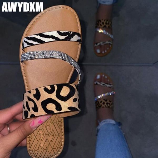 

leopard print slippers women 2020 summer crystal bling lady flat leisure shoes woman outside beach slip slides mujer, Black