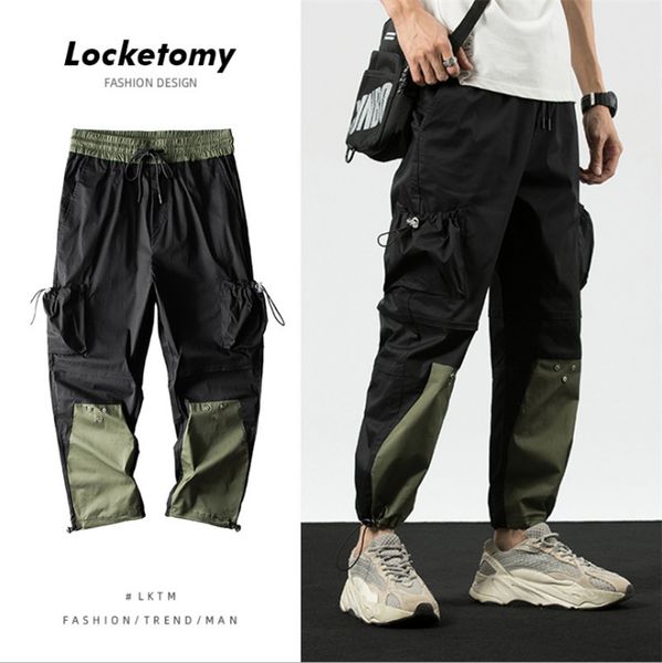 

new summer ice cream sport slacks for men harajuku with color loose-fitting function popular logo strap-toe thin cargo pants for men with fa, Black