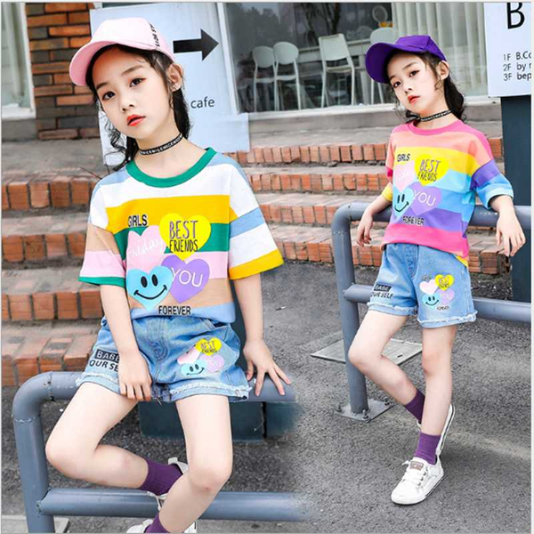 

kids girls clothes 2020 new summer children's cotton casual t-shirt big girls jeans short + t-shirt girl clothes 2-12 yrs, White