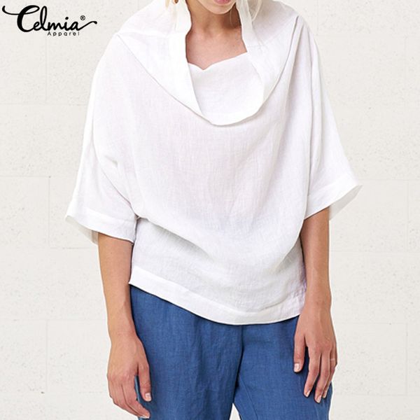 

celmia women cotton linen shirts 2020 summer casual loose cowl neck blouses bat sleeve solid pullover blusa femme plus size, White