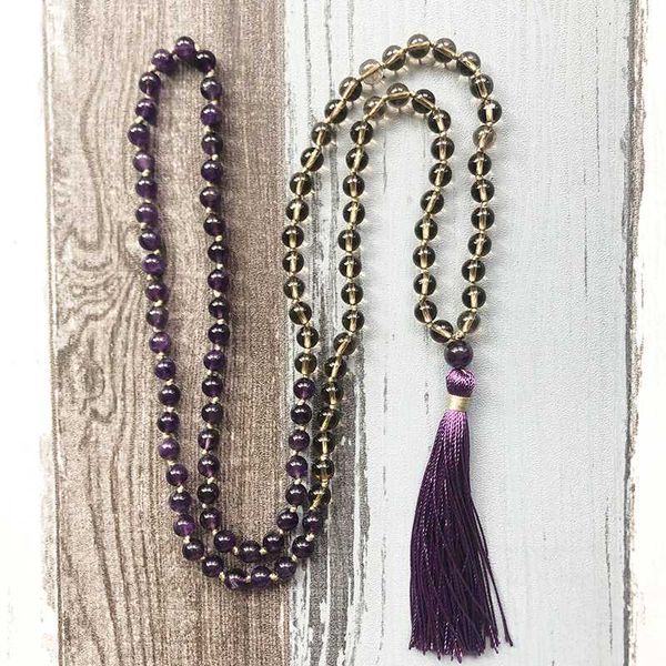 

chains amethysts smoky q-uartz mala necklace 108 meditation beads buddhist prayer purple tassel chakra jewelry, Silver