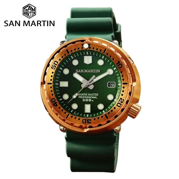 

san martin tuna bronze men watch automatic mechanical sapphire luminous 30 bar water resistant fluoro rubber strap calendar 0924, Slivery;brown