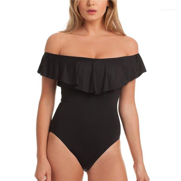 

neck beach womens bathing suits ruffle fluorescent color one piece womens swimwear summer boat, White;black