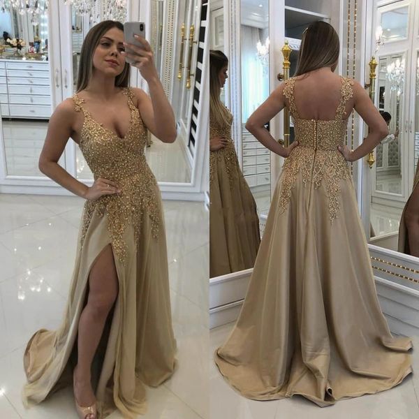 

2020 sparkly gold arabic evening dresses with high side split deep v-neck lace appliques beaded formal prom drses dubai party gowns, Black
