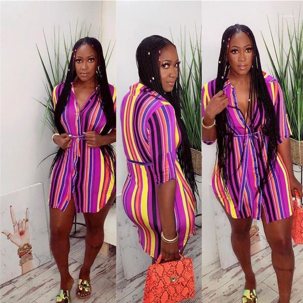 

lapel neck short sleeve fashion designer dresses casual ladies holidays clothing summer striped print female dress women, Black;gray
