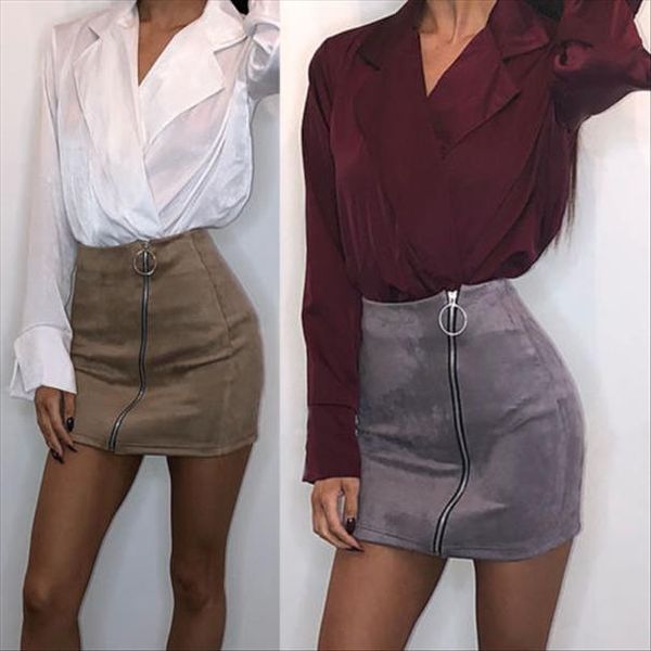 

2020 women high waist suede leather pocket preppy short mini skirts zip up drop shipping, Black