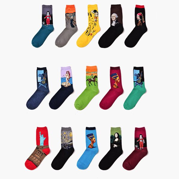 

starry night autumn winter retro women personality art gogh mural world famous painting male socks oil funny happy socks, Black