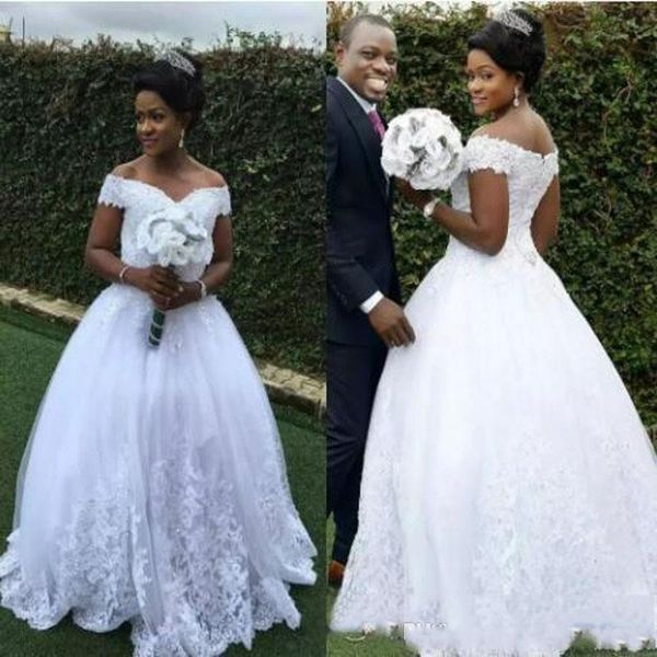 

white lace wedding dresses off shoulder short sleeves a-line bridal gowns back zipper tiered ruffle custom made bridesmaid gowns