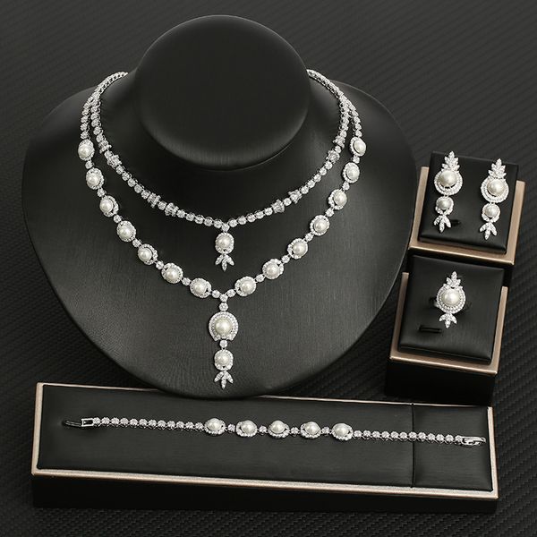 

eyer luxury trendy 4 pcs jewelry sets micro paved cubic zircon pearl necklace earrings bacelet ring for women wedding banquet, Silver