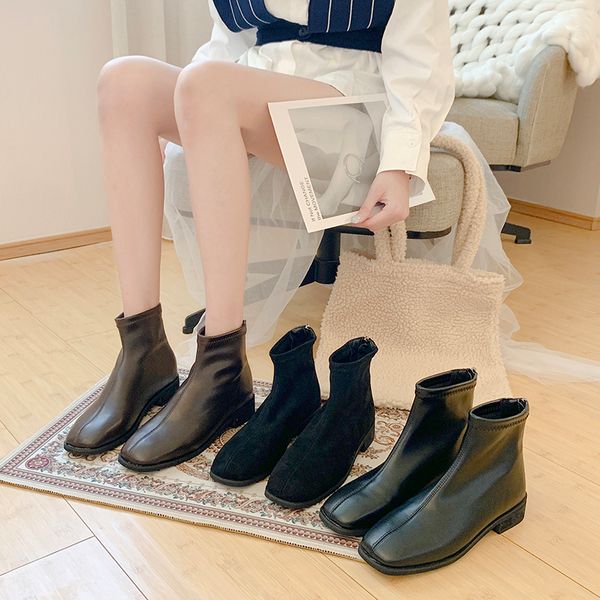 

zipper women's mid calf boots rock shoes woman boots-women luxury designer low heels booties booties ladies round toe, Black