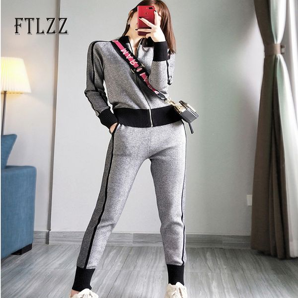 

woman tracksuits new autumn winter zipper knitted jacket coat + slim pants suits women two piece set sportsuits sweater clothes, White