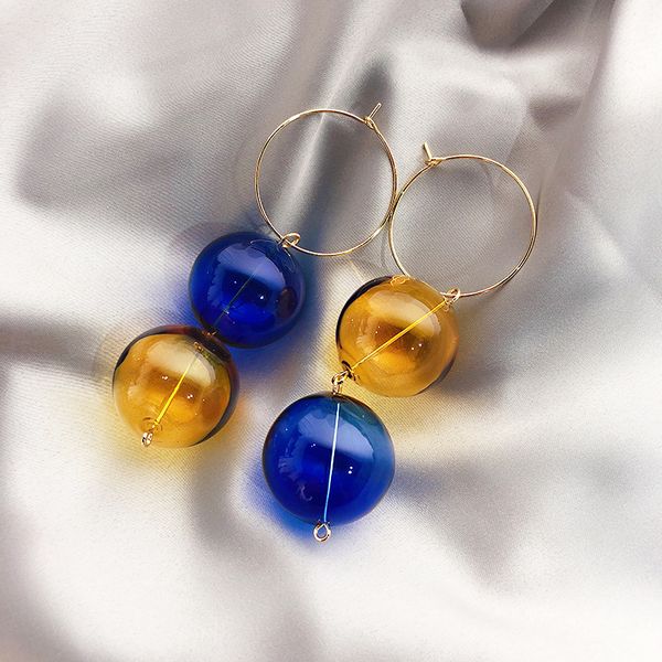 

2020 korea new design jewelry exaggerated contrast handmade colored glass ball earrings long simple round earrings for women, Silver
