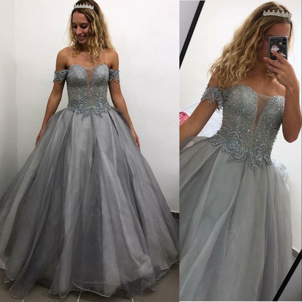 

new gray quinceanera dresses ball gown off shoulder illusion lace crystal beading tulle sweet 16 plus size party dress prom evening gowns, Blue;red