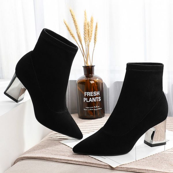 

2020 new winter boots women pointed toe square high heels 7cm warm elegant mid-calf solid black clear heels woman boots