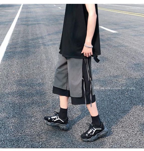 

solid color printed capris pants hip hop street style mens clothing summer male designer straight pants loose, Black