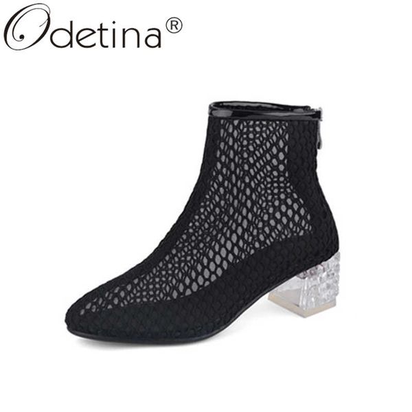 

odetina women fashion breathable block mid heel new knee high boots ladies back zipper air mesh round toe retro long boots, Black