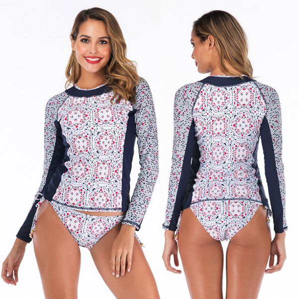 

women's long sleeve printed long sleeve rash guard shirt with triangle bottom swimsuit two piece swimwear bathing suits sun prot